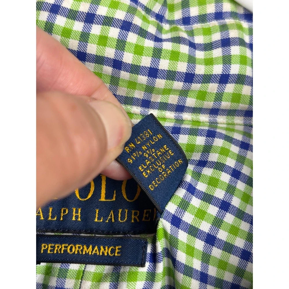 Polo Ralph Lauren Performance Shirt Mens XL Green Blue Gingham Stretch Nylon